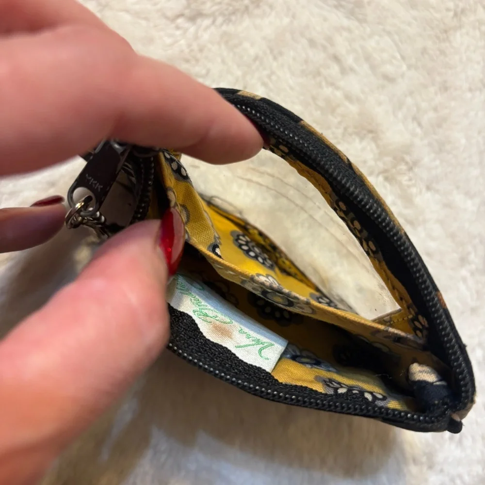Vera Bradley ID Case Yellow Bird with Lobster Clasp Black Yellow Cream Zip-Up